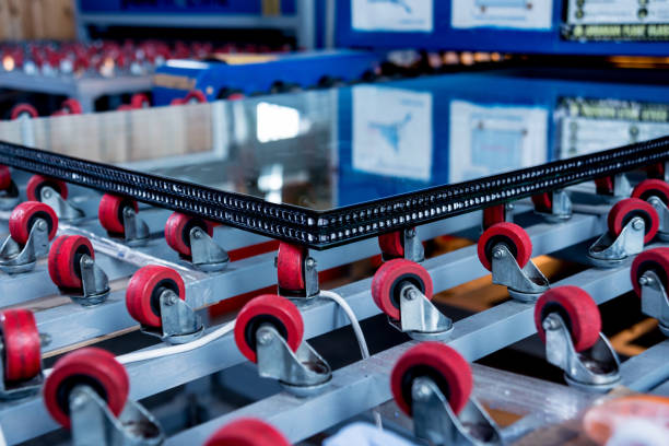 Conveyor belt for production a window pane. Industrial equipment. Background